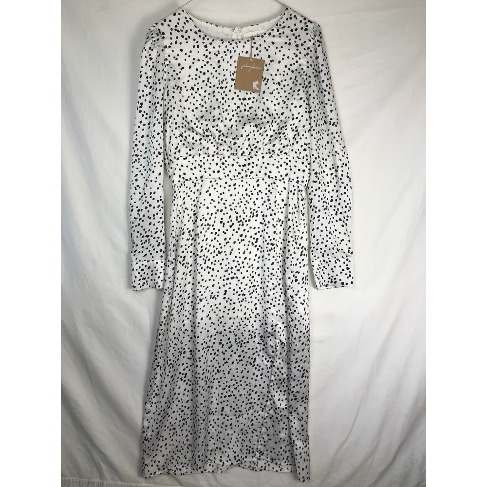 Johnny Becca Womens White Black Spotted Long Sleeve Midi Dress Side Slit Sz S